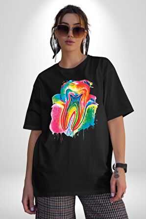 Diş Doktoru Diş Anatomisi Özel Tasarım Pamuklu Bisiklet Yaka Kadın Erkek Oversize Boyfriend Dijital Baskılı Siyah T-shirt