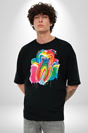 Diş Doktoru Diş Anatomisi Özel Tasarım Pamuklu Bisiklet Yaka Kadın Erkek Oversize Boyfriend Dijital Baskılı Siyah T-shirt