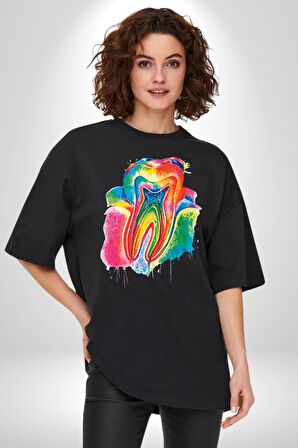 Diş Doktoru Diş Anatomisi Özel Tasarım Pamuklu Bisiklet Yaka Kadın Erkek Oversize Boyfriend Dijital Baskılı Siyah T-shirt
