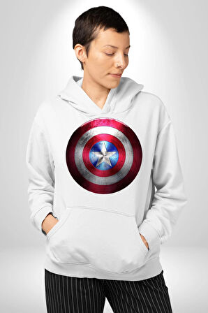 Kaptan Amerika Kalkan Kadın Erkek  Beyaz Kapüşonlu Sweatshirt Hoodie