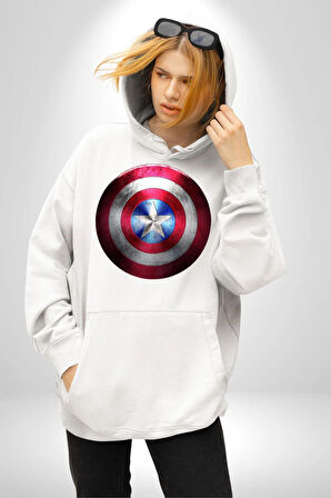 Kaptan Amerika Kalkan Kadın Erkek  Beyaz Kapüşonlu Sweatshirt Hoodie