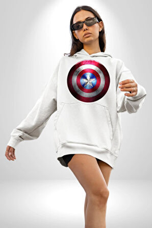 Kaptan Amerika Kalkan Kadın Erkek  Beyaz Kapüşonlu Sweatshirt Hoodie