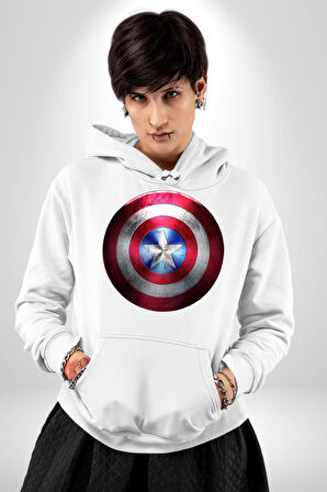 Kaptan Amerika Kalkan Kadın Erkek  Beyaz Kapüşonlu Sweatshirt Hoodie