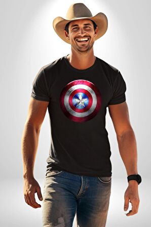 Kaptan Amerika Kalkan Kadın Erkek Unisex Siyah Organik Baskılı T-Shirt Penye Yüksek Kalite