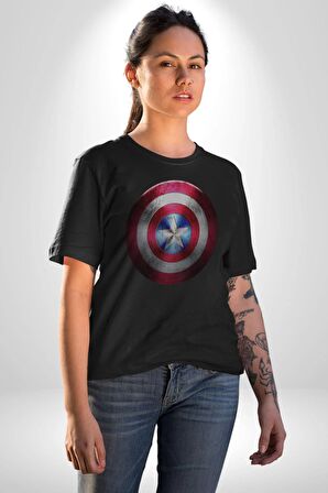 Kaptan Amerika Kalkan Kadın Erkek Unisex Siyah Organik Baskılı T-Shirt Penye Yüksek Kalite