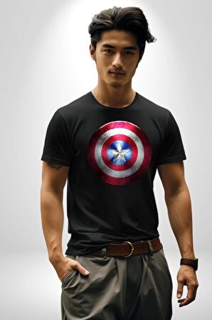 Kaptan Amerika Kalkan Kadın Erkek Unisex Siyah Organik Baskılı T-Shirt Penye Yüksek Kalite