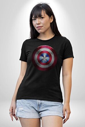 Kaptan Amerika Kalkan Kadın Erkek Unisex Siyah Organik Baskılı T-Shirt Penye Yüksek Kalite