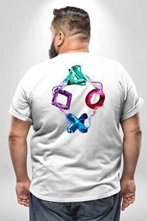 Playstation Kumanda Konsol Büyük Beden Beyaz Tişört Kadın Erkek Ünisex Sırt Baskılı