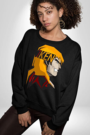 Street Fighter Ken Masters Kareteci Kadın Erkek Siyah Sweatshirt 