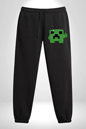 Minecraft Creeper 3 İplik Erkek Baskılı Siyah Eşofman Altı