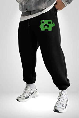 Minecraft Creeper 3 İplik Erkek Baskılı Siyah Eşofman Altı
