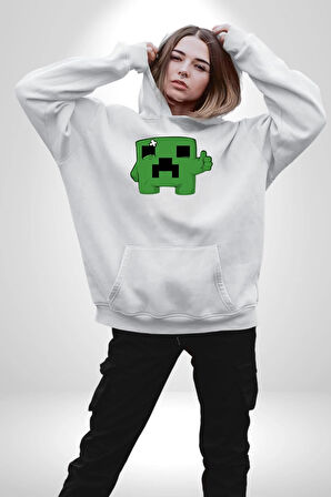 Minecraft Creeper Kadın Erkek  Beyaz Kapüşonlu Sweatshirt Hoodie