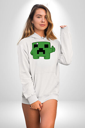 Minecraft Creeper Kadın Erkek  Beyaz Kapüşonlu Sweatshirt Hoodie