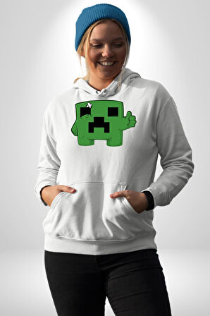 Minecraft Creeper Kadın Erkek  Beyaz Kapüşonlu Sweatshirt Hoodie