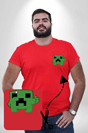 Minecraft Creeper Kırmızı Büyük Beden Kadın Basic Minimal Baskılı Tişört