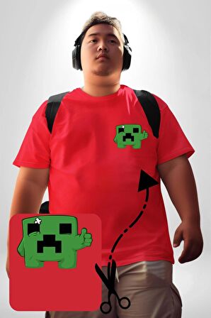 Minecraft Creeper Kırmızı Büyük Beden Kadın Basic Minimal Baskılı Tişört