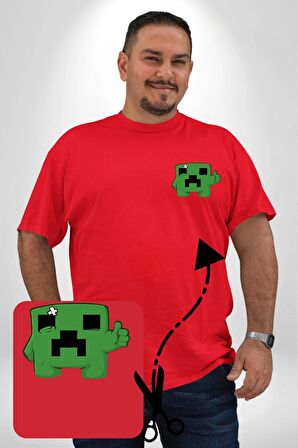 Minecraft Creeper Kırmızı Büyük Beden Kadın Basic Minimal Baskılı Tişört