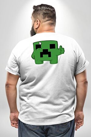 Minecraft Creeper Büyük Beden Beyaz Tişört Kadın Erkek Ünisex Sırt Baskılı