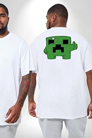 Minecraft Creeper Büyük Beden Beyaz Tişört Kadın Erkek Ünisex Sırt Baskılı