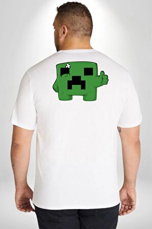 Minecraft Creeper Büyük Beden Beyaz Tişört Kadın Erkek Ünisex Sırt Baskılı
