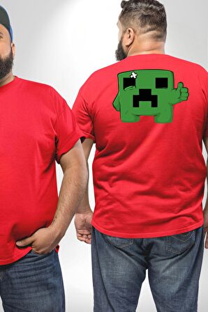 Minecraft Creeper Büyük Beden Kırmızı Tişört Kadın Erkek Ünisex Sırt Baskılı