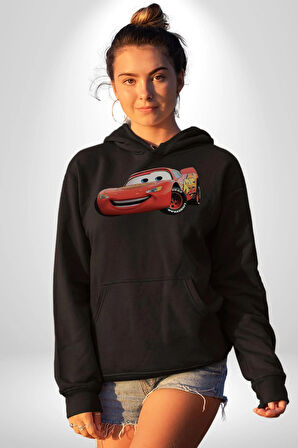 Şimşek McQueen Arabalar Kadın Erkek  Siyah Kapüşonlu Sweatshirt Hoodie