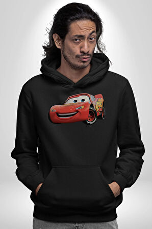 Şimşek McQueen Arabalar Kadın Erkek  Siyah Kapüşonlu Sweatshirt Hoodie