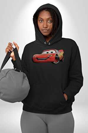 Şimşek McQueen Arabalar Kadın Erkek  Siyah Kapüşonlu Sweatshirt Hoodie