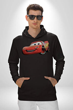 Şimşek McQueen Arabalar Kadın Erkek  Siyah Kapüşonlu Sweatshirt Hoodie