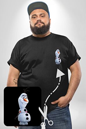 Olaf Karlar Ülkesi Siyah Büyük Beden Kadın Basic Minimal Baskılı Tişört