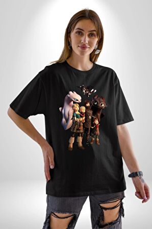 Ejderhanı Nasıl Eğitirsin Pamuklu Bisiklet Yaka Kadın Erkek Oversize Boyfriend Dijital Baskılı Siyah T-shirt