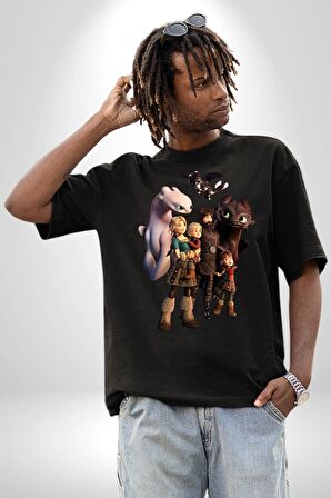 Ejderhanı Nasıl Eğitirsin Pamuklu Bisiklet Yaka Kadın Erkek Oversize Boyfriend Dijital Baskılı Siyah T-shirt