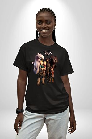 Ejderhanı Nasıl Eğitirsin Pamuklu Bisiklet Yaka Kadın Erkek Oversize Boyfriend Dijital Baskılı Siyah T-shirt