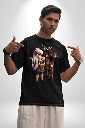 Ejderhanı Nasıl Eğitirsin Pamuklu Bisiklet Yaka Kadın Erkek Oversize Boyfriend Dijital Baskılı Siyah T-shirt