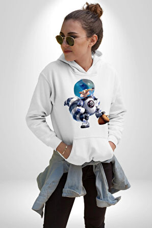 Buz Devri Scrat Astronot Kadın Erkek  Beyaz Kapüşonlu Sweatshirt Hoodie