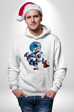 Buz Devri Scrat Astronot Kadın Erkek  Beyaz Kapüşonlu Sweatshirt Hoodie