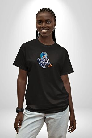Buz Devri Scrat Astronot Siyah Oversize Kadın Erkek Ön Orta Minimal Baskılı Tişört