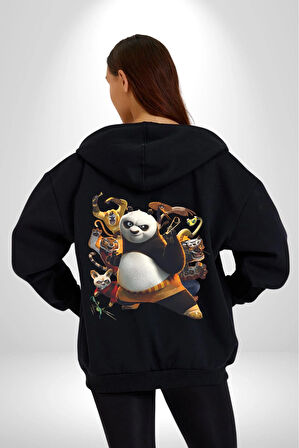 Kung Fu Panda Kadın Erkek Siyah Kapüşonlu Fermuarlı Baskılı Hırka Sweatshirt