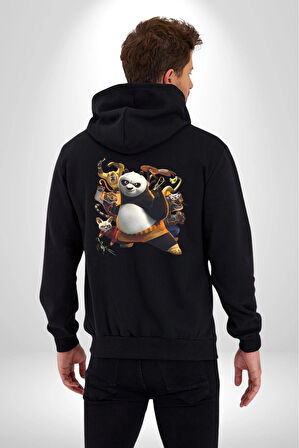 Kung Fu Panda Kadın Erkek Siyah Kapüşonlu Fermuarlı Baskılı Hırka Sweatshirt