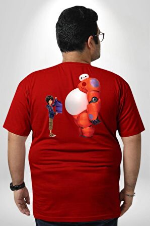 Süper Kahraman Big Hero Büyük Beden Kırmızı Tişört Kadın Erkek Ünisex Sırt Baskılı