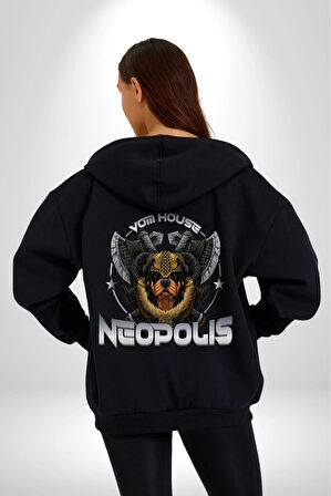 Neopolis Rottweiler Viking Kadın Erkek Siyah Kapüşonlu Fermuarlı Baskılı Hırka Sweatshirt