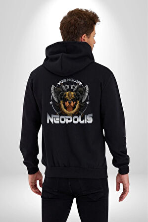Neopolis Rottweiler Viking Kadın Erkek Siyah Kapüşonlu Fermuarlı Baskılı Hırka Sweatshirt