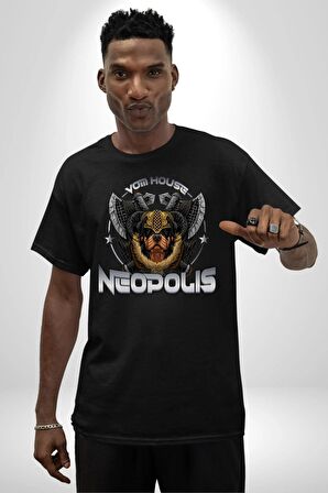 Neopolis Rottweiler Viking Pamuklu Bisiklet Yaka Kadın Erkek Oversize Boyfriend Dijital Baskılı Siyah T-shirt