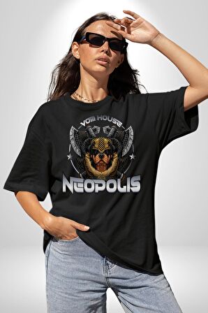 Neopolis Rottweiler Viking Pamuklu Bisiklet Yaka Kadın Erkek Oversize Boyfriend Dijital Baskılı Siyah T-shirt