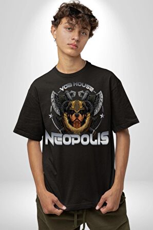 Neopolis Rottweiler Viking Pamuklu Bisiklet Yaka Kadın Erkek Oversize Boyfriend Dijital Baskılı Siyah T-shirt