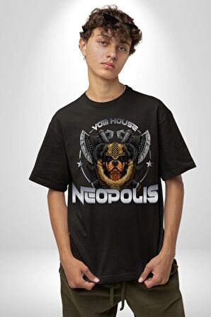 Neopolis Rottweiler Viking Pamuklu Bisiklet Yaka Kadın Erkek Oversize Boyfriend Dijital Baskılı Siyah T-shirt