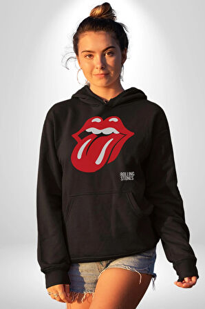 Roling Stones Kadın Erkek  Siyah Kapüşonlu Sweatshirt Hoodie