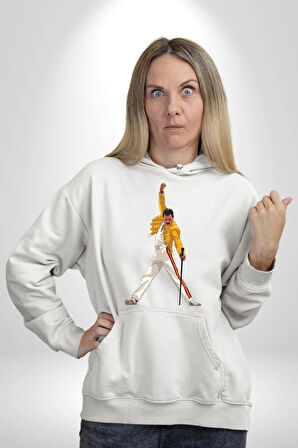 Queen Freddie Mercury  Kadın Erkek  Beyaz Kapüşonlu Sweatshirt Hoodie