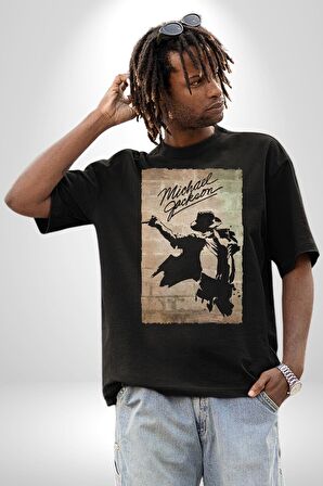 Michael Jackson  Pamuklu Bisiklet Yaka Kadın Erkek Oversize Boyfriend Dijital Baskılı Siyah T-shirt