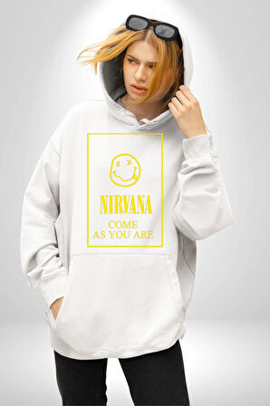 Nirvana Müzik Grubu Kadın Erkek  Beyaz Kapüşonlu Sweatshirt Hoodie